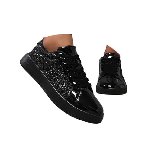 Minetom Sneakers Damen Pailletten Flache Low Sneaker Atmungsaktiv Glitzer Turnschuhe Outdoor Sportschuhe Laufschuhe Schuhe Schnürsenkel Walkingschuhe E Schwarz 37 EU