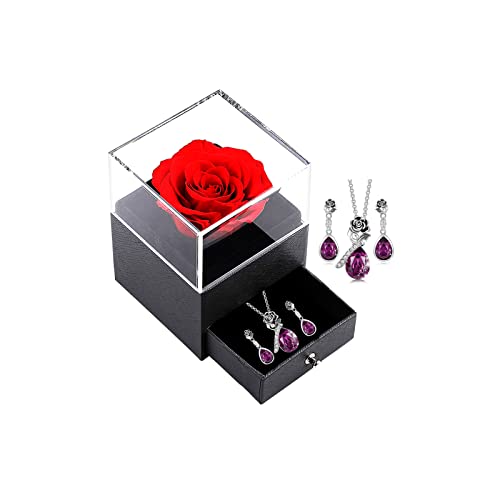 WNING Juego de joyas con cristales de flores rosas,collar y aretes chapados en oro rosa y plata, regalos para mamá/esposa/hermana/amiga con caja de regalo con flores de rosas conservadas Cover