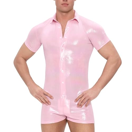 Body metálico para hombre con manga corta pijama de una pieza flexible