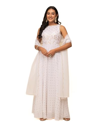 Image of FIORRA Women's Fit and Flare Floor Length Georgette Printed Gown with Dupatta