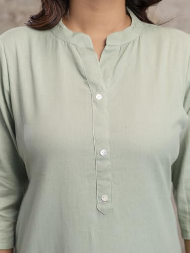 Image of feranoid Women's Plain Cotton Kurta with Mandarin Collar, 3 /4 Sleeves & Pocket