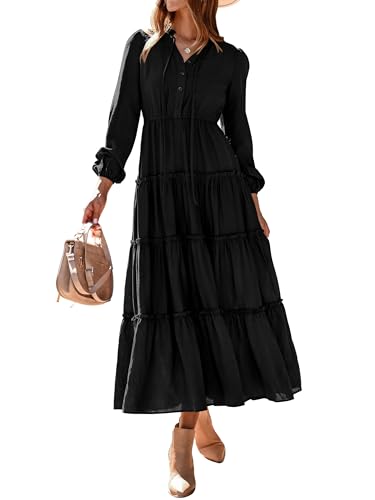 MASCOMODA Fall Long Sleeve Maxi Dresses for Women 2025 Casual Boho Button Ruffle Neck Tiered A Line Flowy Wedding Guest Dress