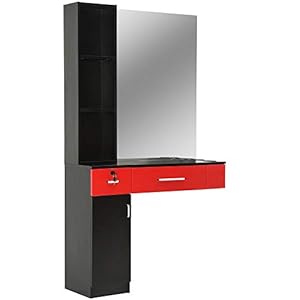 BarberPub Beauty Salon Spa Equipment Set Wall Mount Hair Styling Barber Station Mirror Dressing Table 3036 (Black&Red)