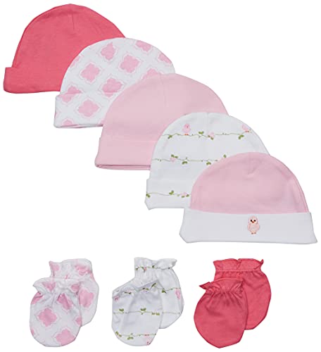Image of Luvable Friends Baby Girls' Cotton Caps and Scratch Mittens