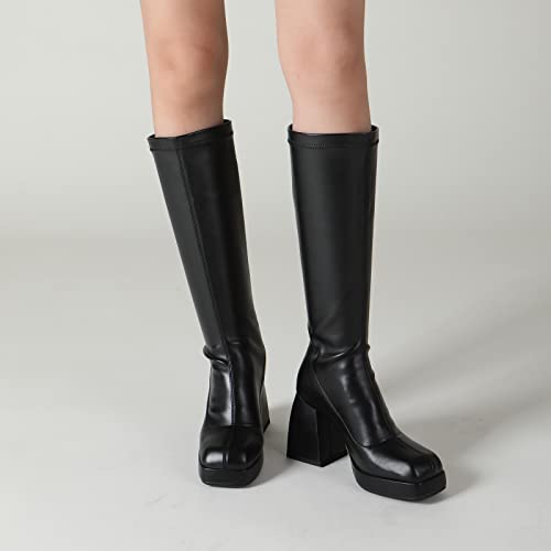 CKSNDLF Women's Platform Boots Knee High Boots Stretchy Square Toe Chunky Block Heeled 70s Go Go Boots4