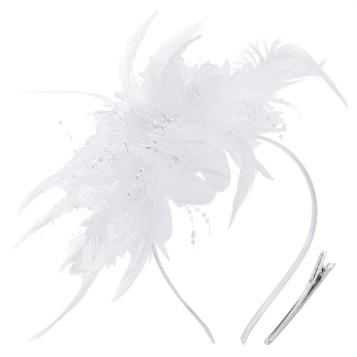 Image of DRESHOW Womens Fascinators Hats Tea Party Hats for Women Pearl Lace Feather Hat Vintage Derby Hats for Wedding Cocktail
