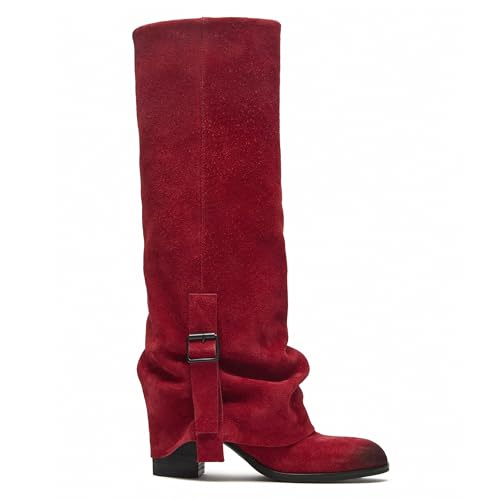 Suede Knee High Boots Women Pull on Round Toe Chunky Heel Fold Over Boots Stacked Riding Biker Slouchy Fall Boot Office Shoes