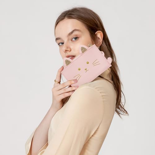 LJCZKA Cat Coin Purse for Women Cute Credit Card Holder Wallet Small Slim Zipper Pocket Leather Mini Pouch with ID Window (Pink)2