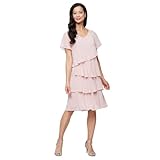 S.L. Fashions Women's V-Neck Chiffon Cocktail Dress with Beaded Shoulders and Asymmetrical Tiers,Faded Rose, 10P