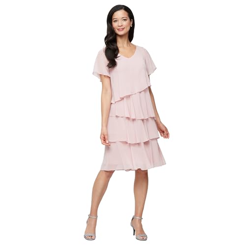 S.L. Fashions Women's V-Neck Chiffon Cocktail Dress with Beaded Shoulders and Asymmetrical Tiers,Faded Rose, 10P