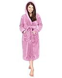 NY Threads Luxury Ladies Hooded Dressing Gown Super Soft Fleece Women's Robe Comfortable Loungewear and Nightwear, Pink, Medium