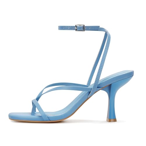 Image of Carcuume Womens Kitten Heels Square Toe Thong Strappy Ankle Strap Stiletto Heel Sandals