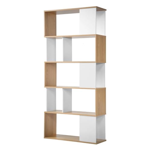 Calicosy Etagère Bibliothèque Bicolore Blanc et Décor Chêne - Style Contemporain - Meuble Gain de Place - pour Salon - L80 x l29,5 x H173,5 cm