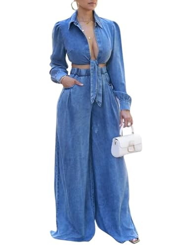 Voghtic Women's Sexy Denim 2 Pieces Outfits Fall Long Sleeve v Neck Crop Lace-Up Shirt Wide Leg Pants Matching Sets