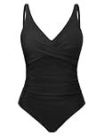 Tuopuda Women's One Piece Swimsuit V Neck Swimming Costume Tummy Control Ruched Modest Swimwear Ladies Padded Bathing Suit Push Up Swimsuits, Black, M