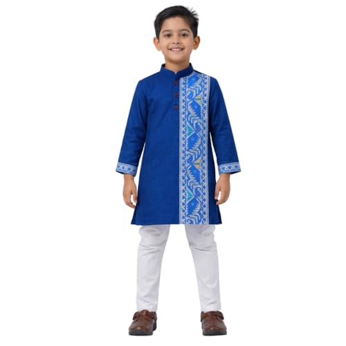 Image of Kurta Pajama for Kids Boys - Jamdani Border Kurta and Elastic Waist Pyjama Set