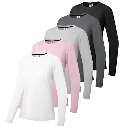 5er-Pack Damen Baumwolle Langarm T-Shirts Rundhalsshirt Classic-Fit Hemd Weiche Atmungsaktive Casual Tee Mode Basic Tops Schwarz/Dunkelgrau/Grau/Rosa/Weiß-5P02-L
