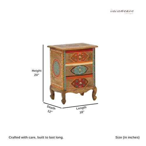 Image of Wooden Bedside Table for Bedroom with Drawer | Solid Wood Nightstand, Hand Painted Bed Side Table | Medium Size Storage Cabinet for Living Room, Multicolour-BS5