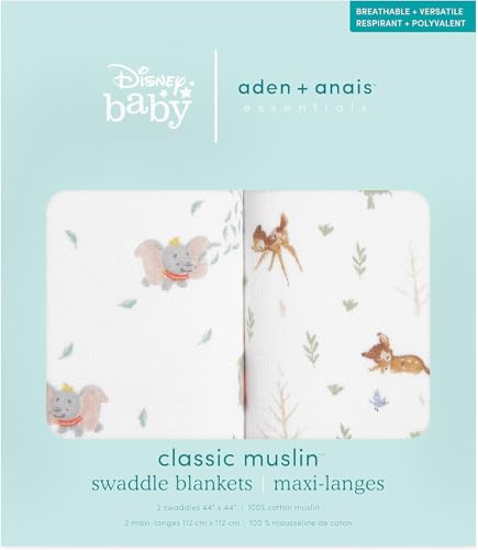 Image of aden + anais Essentials Muslin Swaddle Blankets, Newborn Receiving Blanket for Swaddling, 100% Cotton Baby Swaddle Wrap, 2 Pack, Disney + Friends