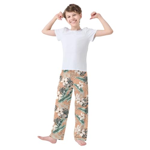 ZZXXB Retro Hibiscus Flower Boys Long Pants Soft Trousers Elastic Waist Kids Lounge Bottoms with Pockets S-XL2