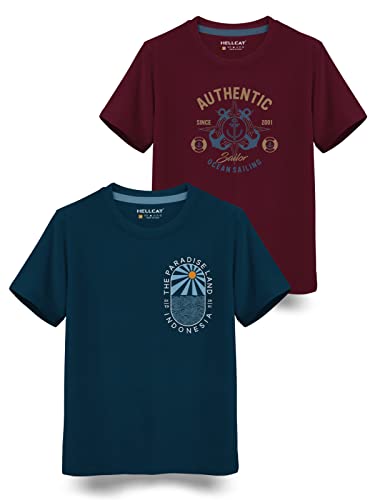 Image of HELLCAT Boys Round Neck Printed Blended Cotton Tshirt -Combo Pack of 2 - Orange /Blue