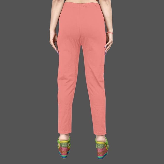 Image of Women's Solid Cotton Lycra Pants-High Waist Slim Fit Stretchable Leggings - Comfortable Long Trousers for Casual, Office & Everyday Wear