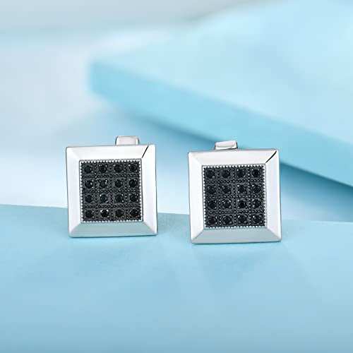 JO WISDOM Manchetknopen voor heren, 925 sterling zilver, rechthoekig/rond/vierkant met AAA zirkonia, zwarte onyx - Image 4