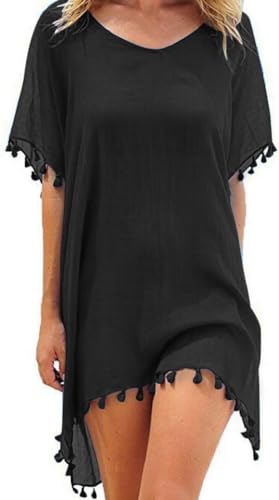 Hanaoops Mujer Suelto Vestido de Playa V Cuello Gasa Ropa de Baño con Borla Verano Traje de Baño Bikini Cover Up para Playa Chic Loose Semitransparente Camisolas y Pareos Vestido