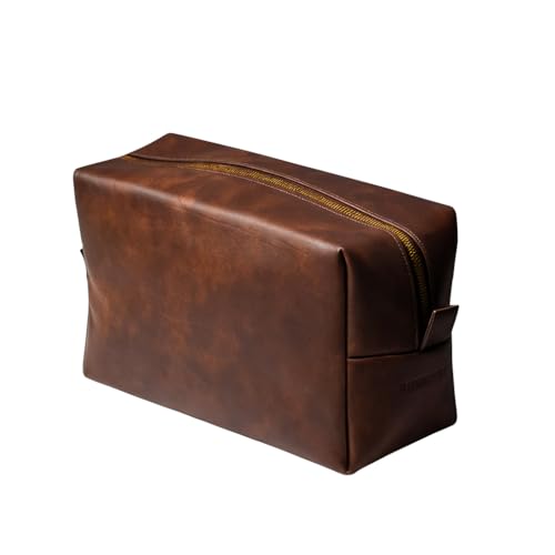 RUBAB MEN Premium Kulturbeutel aus veganem Leder für Herren, Rasierset-Tasche & Pflege-Reisetasche für Herren, wasserdichtes Futter, Hellbraun, Pack-It Smart Edition, braun, Pack It Smart