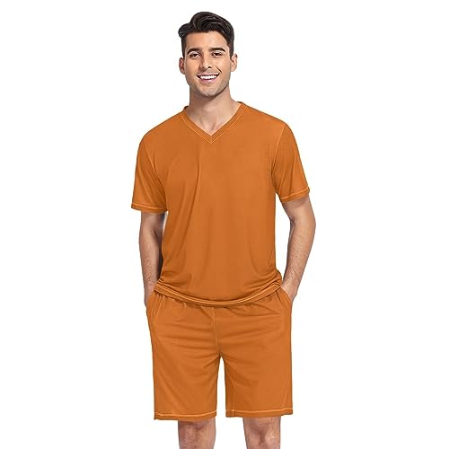 GAIGEO Dark Orange Mens Pajamas Set, Comfy Mens Short Sleeve Pajamas, Sleep Set for Summer, S-XXL