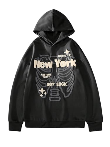SHENHE Men's Skull Print Graphic Hoodie Loose Fit Gothic Long Sleeve Streetwear Hooded Pullover