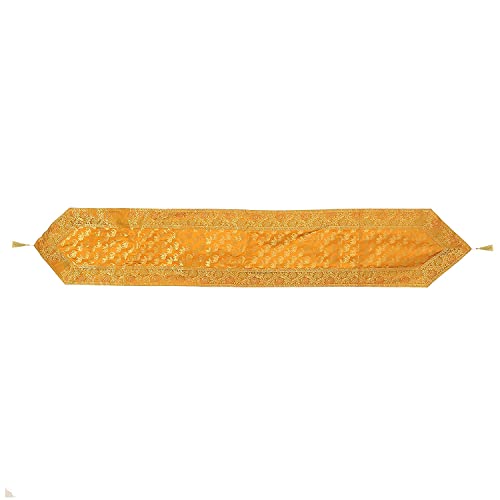 Image of Traditional Brocade Silk Table Runner for Living Room 4 to 6 Seater Dining Table Runner Elephant End Tassels 14x80 Inches (Mustard Yellow)
