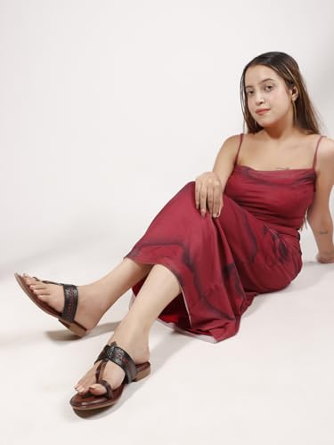 Image of Women's Kolhapuri Chappal Flats | Two-Tone Leatherette Ethnic Sandals with Toe Ring | Comfortable Handcrafted Traditional Slip-On Slippers for Ladies