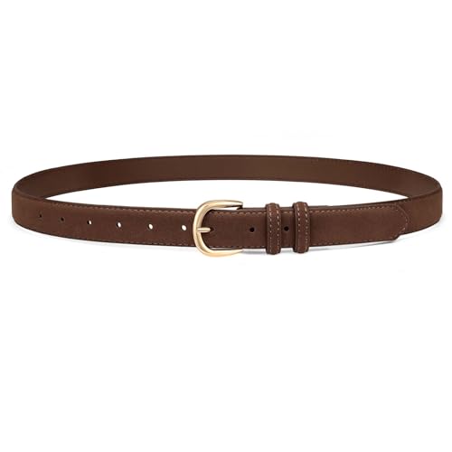SANSTHS Suede Belt for Women 1-Inch Fashion Waist Belt with Simple Gold Buckle Thin Belt for Dresses Jeans & Daily Wear Coffee XS