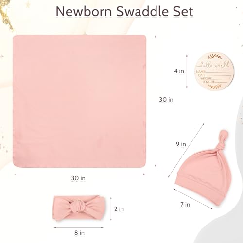 Image of TANOFAR 4-Pack Newborn Swaddle Blanket for Baby Girls & Boys, Ultra Soft Receiving Blankets with Matching Headband and Beanie Set Baby Nursery Swaddle Wrap (Pink)