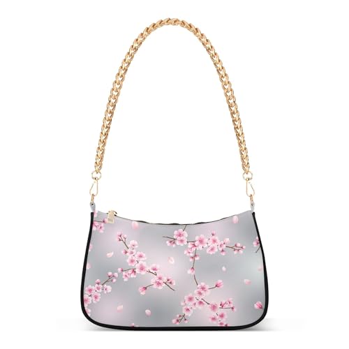 Pink Floral Cherry Blossom Flowers Tote Handbags Womens Ladies Shoulder Bag Floral Evening Clutch Purse Zipper Closure Chain Strap