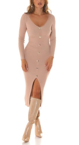 Koucla Langes Strickkleid figurbetont mit Deko Knopfleiste und Schlitz One Size (Einheitsgröße)
