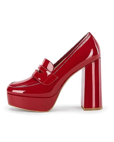 Image of Coutgo Womens Platform Heels Loafers Chunky High Heel Closed Toe Patent Leather Shoes Penny Loafer Business Dress Work Pumps