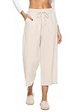 LNX Womens Linen Capri Pants Wide Leg High Waisted Drawstring Casual Cropped Pants with Pockets Beige