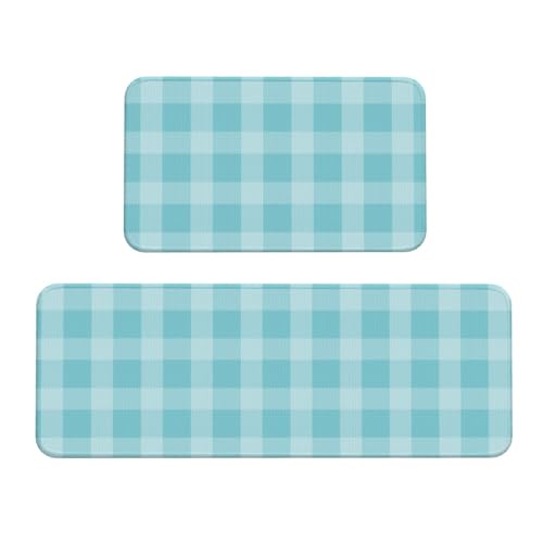 GVYGVY Antifatigue Kitchen Mats for Floor 2 Piece - Light Blue Gingham Print Kitchen Rugs Washable, Non Slip Runner Rug Standing Mat for Office/Bathroom/Laundry/Home Decor and Accessories