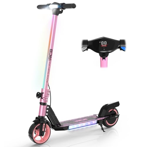 RCB R12 Patinete Eléctrico Niños para 6-12 años, hasta 15 km/h y 10 km, 6.5' Plegable Patinete Eléctrico,Luces de Arco Iris, Dos Tipos Frenos, Pantalla LED, Regalos para Niños