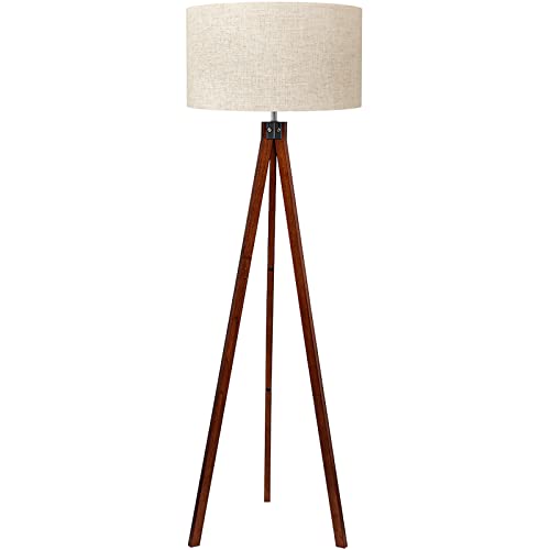 LEPOWER Wood Tripod Floor Lamp, Mid Century Standing Lamp, Modern Design Studying Light for Living Room, Bedroom, Study Room and Office, Flaxen Linen Shade with E26 Base Brown
