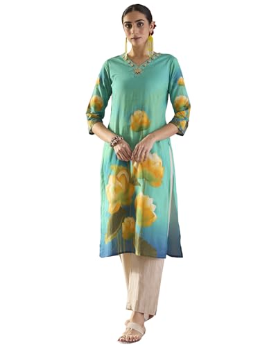 Image of INDO ERA Women's Cotton Floral Printed Straight Kurta (IESTR12002)