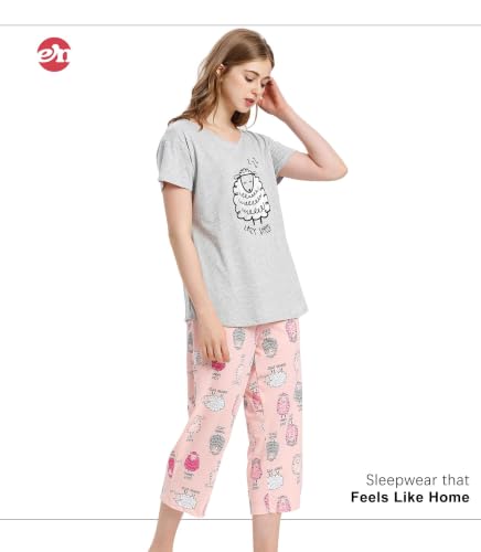 Image of ENJOYNIGHT Womens Pajama Sets Cotton Pj Set Short Sleeve Top With Capri Pants Sleepwear 2 Piece Lounge Set