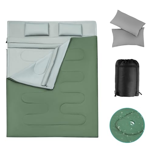SOARS Schlafsack Doppelschlafsack 2 Personen Deckenschlafsack mit 2 Kissen & Tragetasche wasserdichter Winterschlafsack Erwachsene Schlafsäcke Outdoor für Camping Wandern Reisen (Grün)