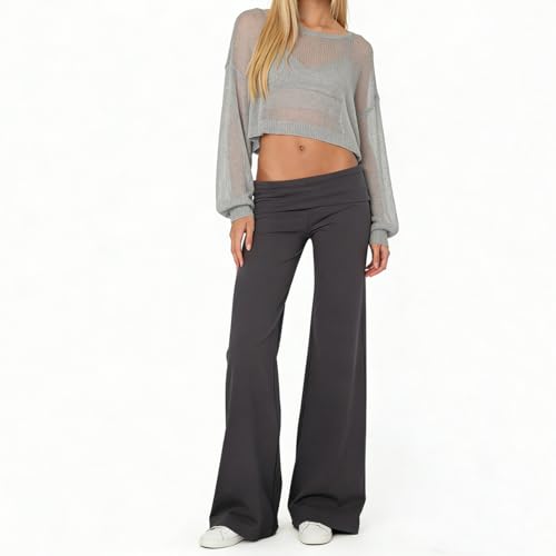 Image of Lounge Yoga Pants for Women Fold Over Low Waist Wide Leg Bell Bottoms | Y2K Foldover Pants, Flare Leggings, Low Rise Yoga Sweatpants