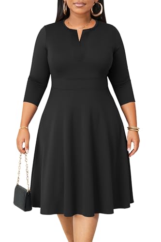 Runwind Plus Size Midi Dress for Women Cocktail Casual Church 3/4 Sleeve V  Neck Work A-Line Dresses with Pockets - Product Details
