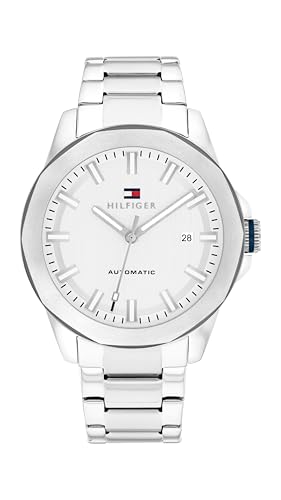 Tommy Hilfiger Men's Automatic Watch – 44 mm Stainless Steel Case and Link Bracelet, Exhibition Caseback – Modern Skeleton Dress Watch