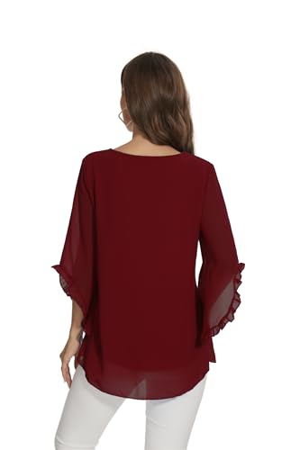 CASURESS Womens Blouses Floral Printed 3 4 Batwing Sleeve Shirt Crew Neck Double Layered Chiffon Loose Tops3