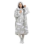 [Winthome] 着る毛布 ロング丈 ルームウェア ジッパー付き 部屋着 全身カバー ゲーミング 裏起毛シープボア もこもこ 軽量 保温 フード ポケット付 ガウン 大きいサイズ 防寒対策 エコ メンズ レディース(ペンギン柄/グレー, 着丈110CM)